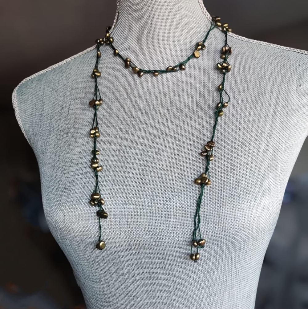 Genuine Freshwater Olive Pearl Lariat Handknit Pearl Scarf